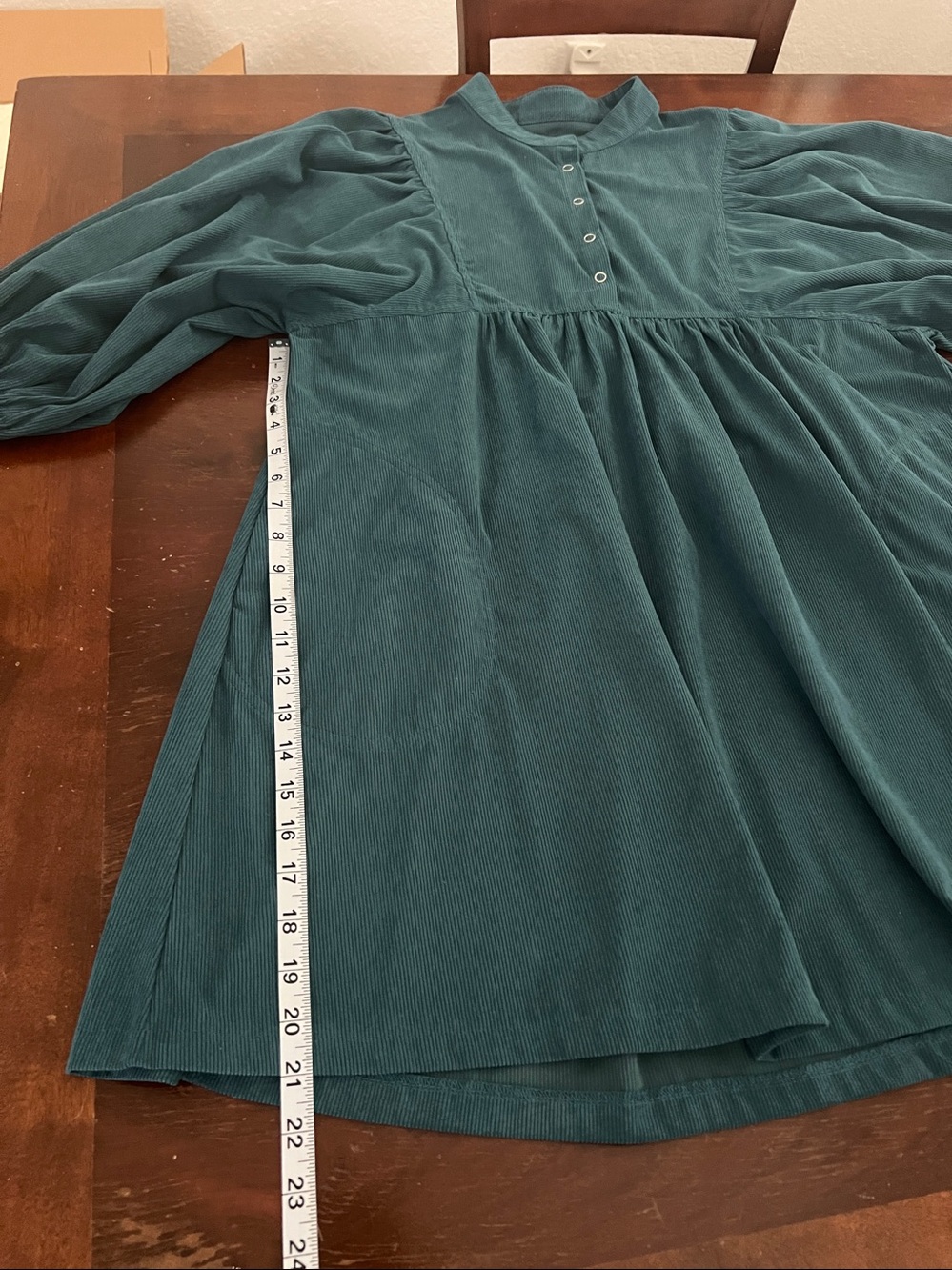 Teal-Blue/Green Corduroy Snap
Buttons Empire Waist Dress | M - Picture 7 of 10